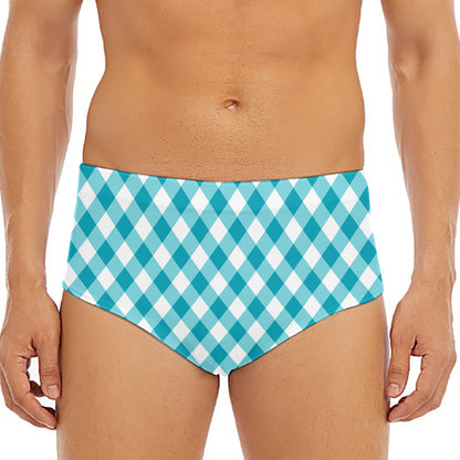 Teal And White Gingham Pattern Print Men's Triangle Swim Briefs