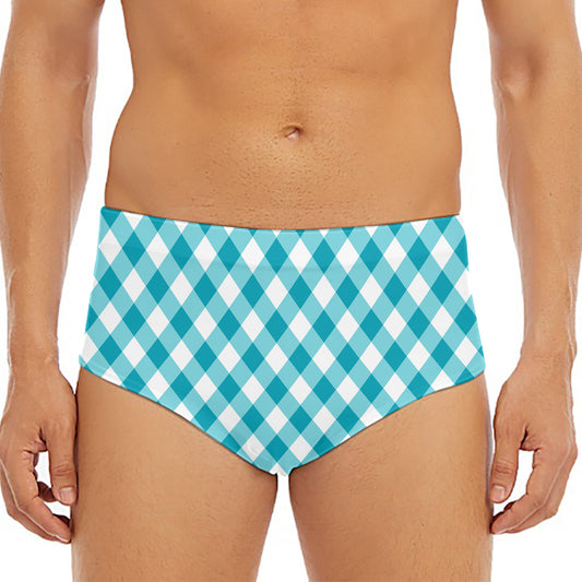 Teal And White Gingham Pattern Print Men's Triangle Swim Briefs