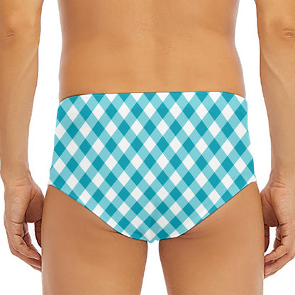 Teal And White Gingham Pattern Print Men's Triangle Swim Briefs