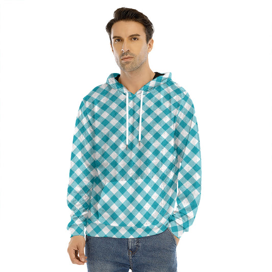 Teal And White Gingham Pattern Print Men's Velvet Pullover Hoodie