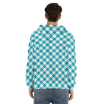 Teal And White Gingham Pattern Print Men's Velvet Pullover Hoodie