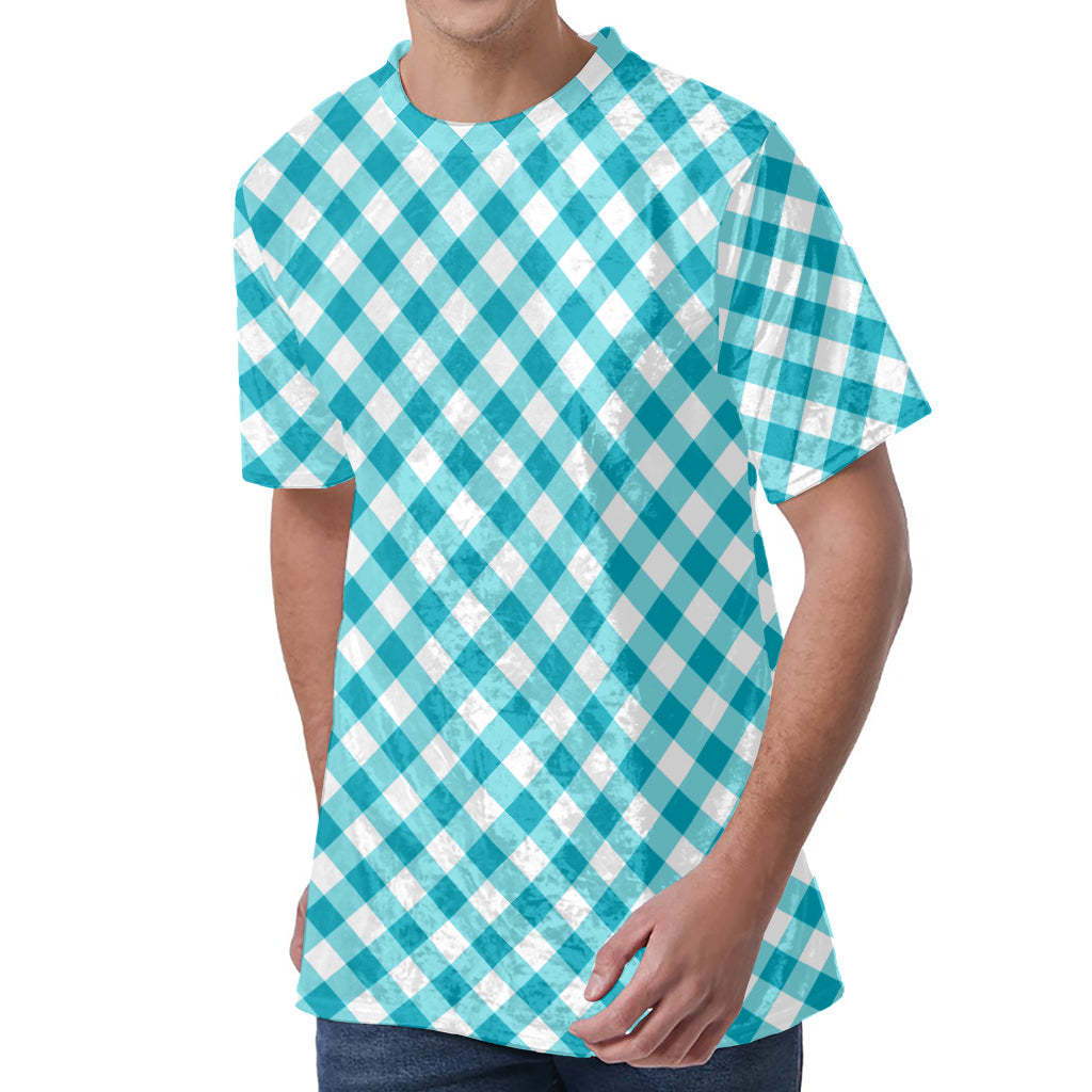 Teal And White Gingham Pattern Print Men's Velvet T-Shirt