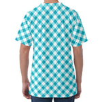 Teal And White Gingham Pattern Print Men's Velvet T-Shirt