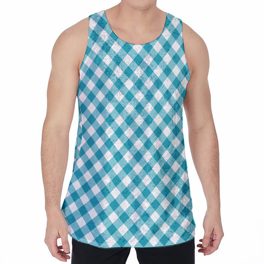 Teal And White Gingham Pattern Print Men's Velvet Tank Top