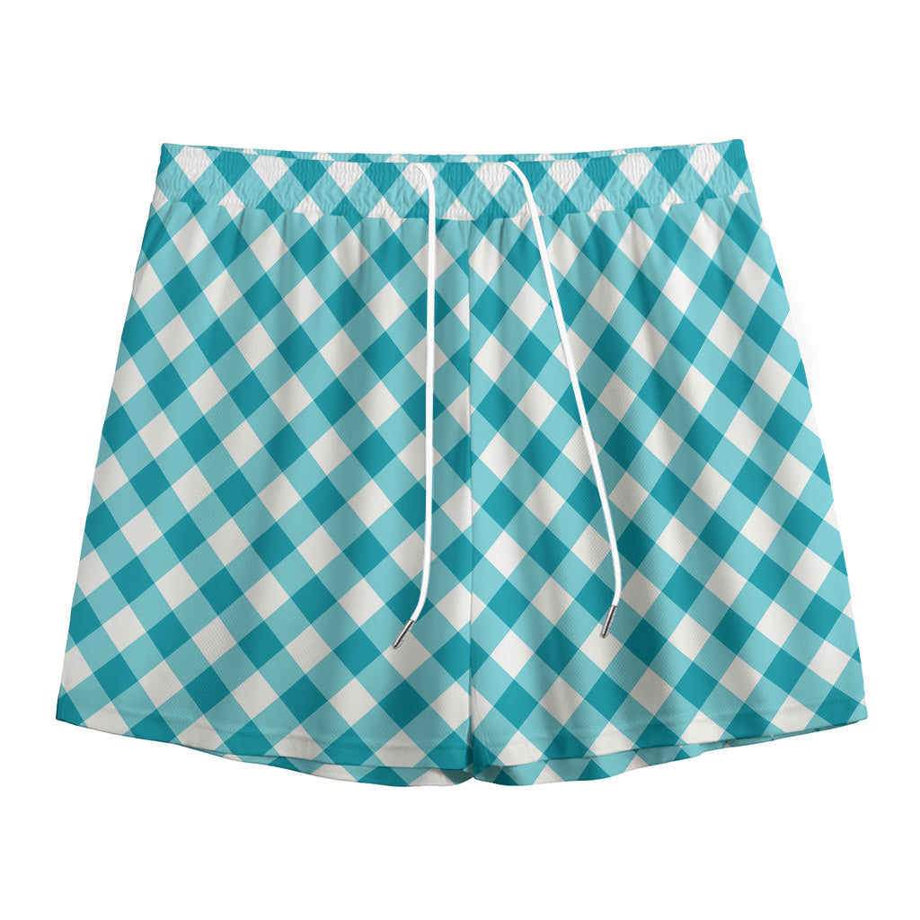 Teal And White Gingham Pattern Print Mesh Shorts