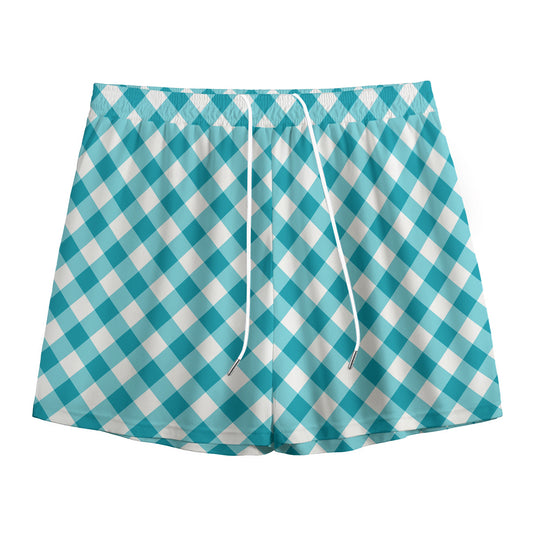 Teal And White Gingham Pattern Print Mesh Shorts
