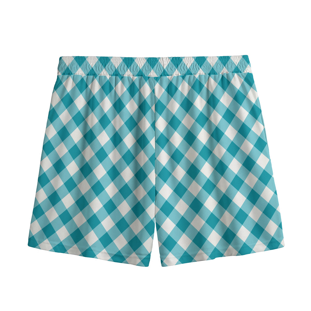 Teal And White Gingham Pattern Print Mesh Shorts