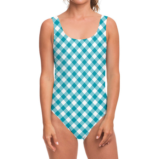 Teal And White Gingham Pattern Print One Piece Swimsuit
