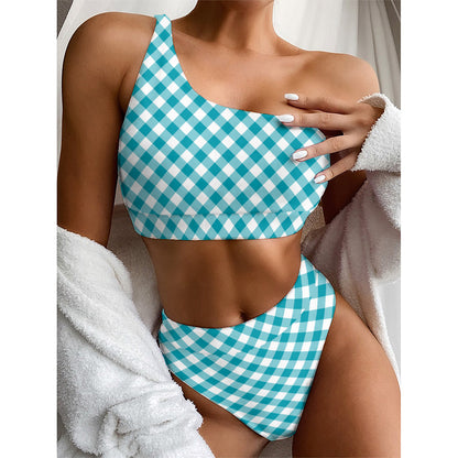 Teal And White Gingham Pattern Print One Shoulder Bikini Top