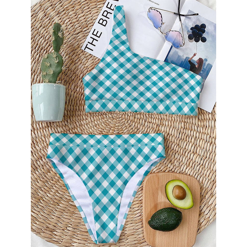 Teal And White Gingham Pattern Print One Shoulder Bikini Top