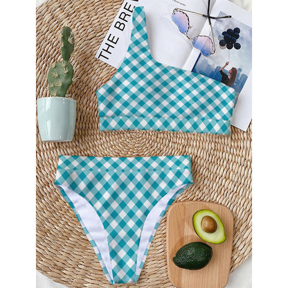 Teal And White Gingham Pattern Print One Shoulder Bikini Top