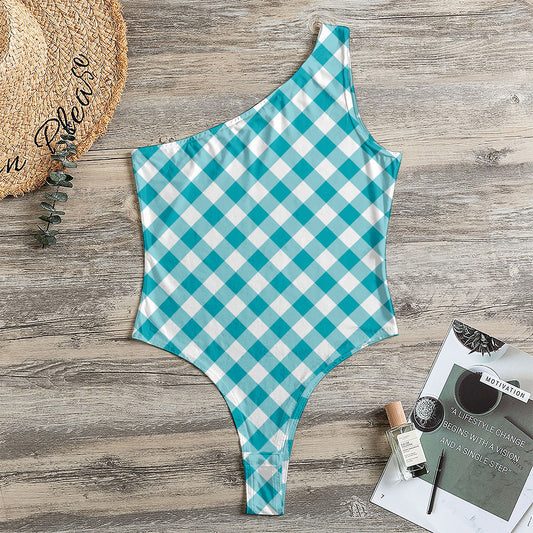 Teal And White Gingham Pattern Print One Shoulder Bodysuit