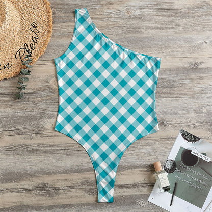 Teal And White Gingham Pattern Print One Shoulder Bodysuit