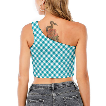 Teal And White Gingham Pattern Print One Shoulder Crop Top