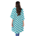 Teal And White Gingham Pattern Print Open Front Beach Cover Up