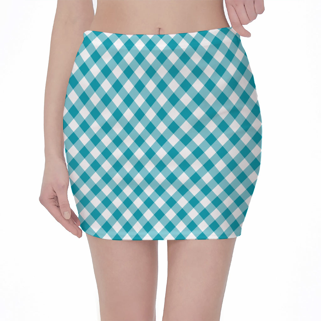 Teal And White Gingham Pattern Print Pencil Mini Skirt