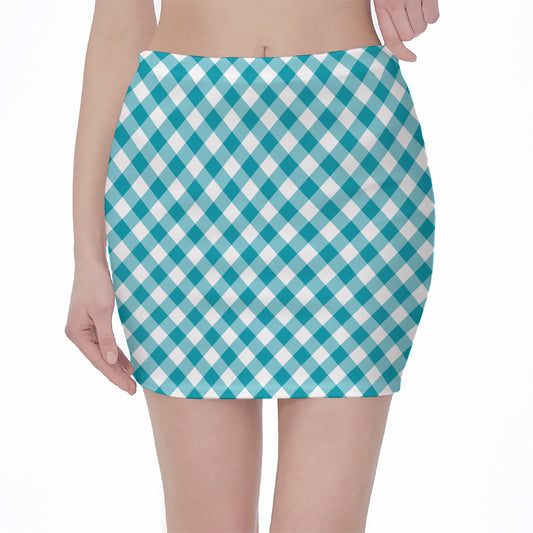 Teal And White Gingham Pattern Print Pencil Mini Skirt