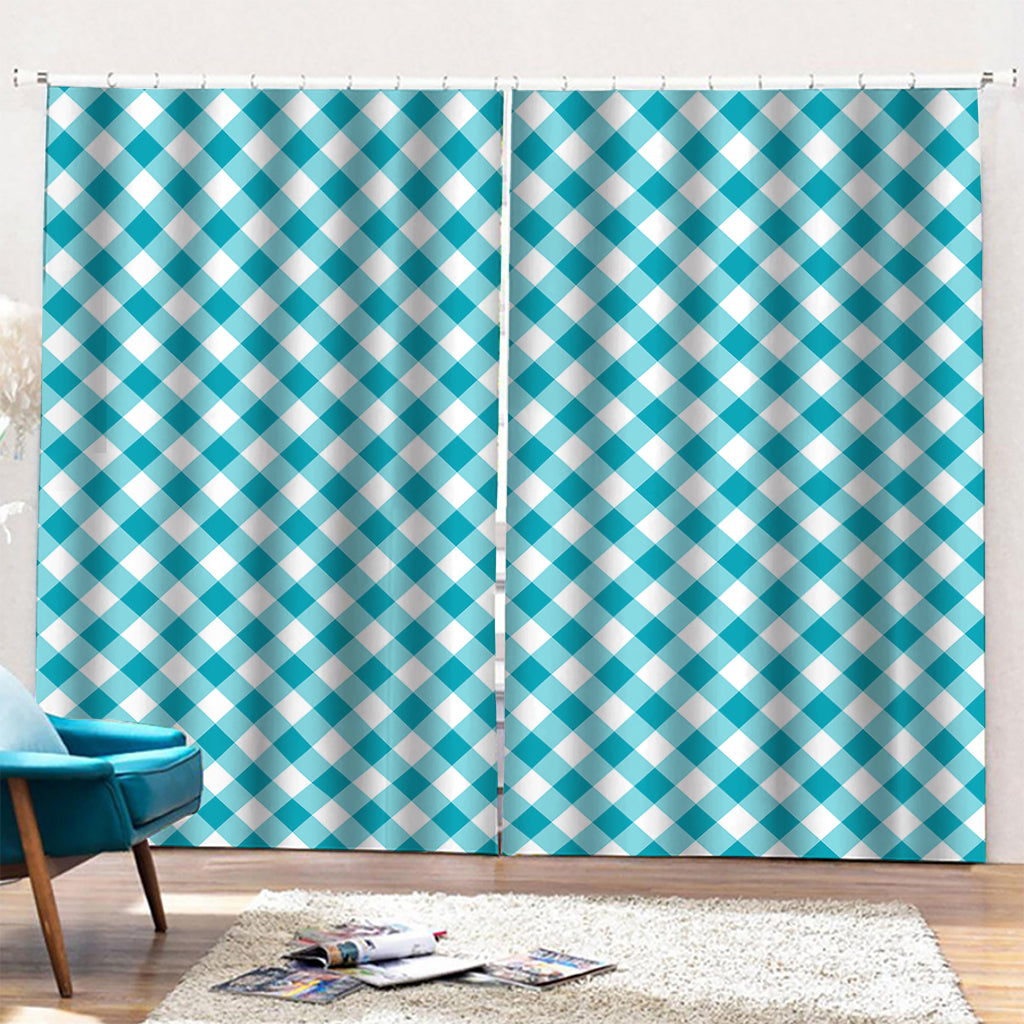 Teal And White Gingham Pattern Print Pencil Pleat Curtains