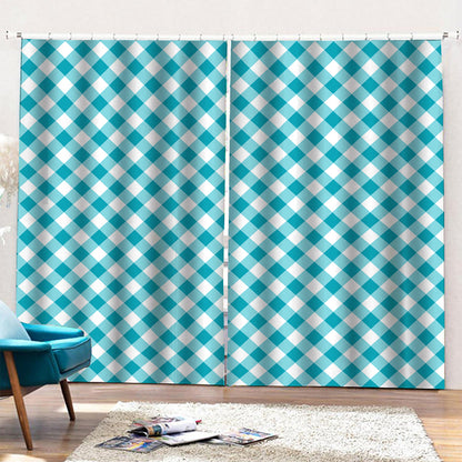 Teal And White Gingham Pattern Print Pencil Pleat Curtains
