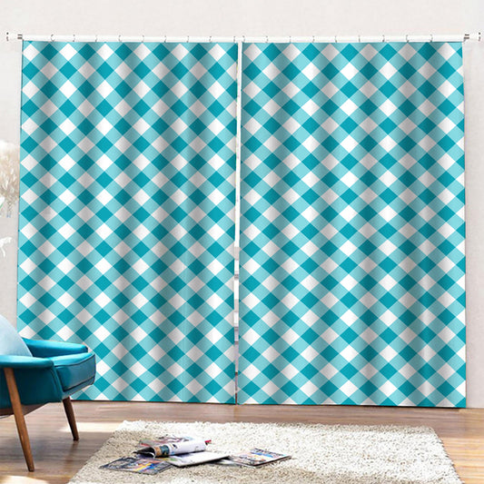 Teal And White Gingham Pattern Print Pencil Pleat Curtains