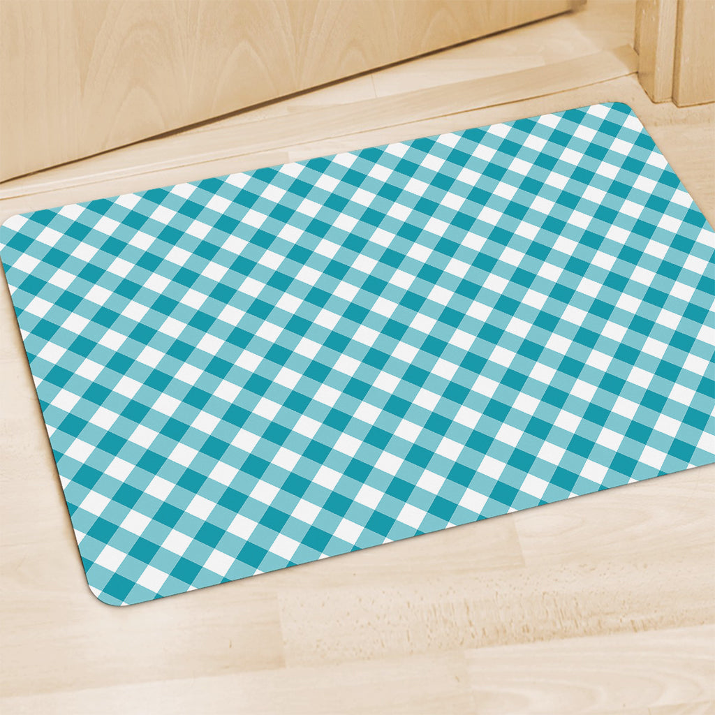Teal And White Gingham Pattern Print Polyester Doormat
