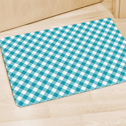 Teal And White Gingham Pattern Print Polyester Doormat