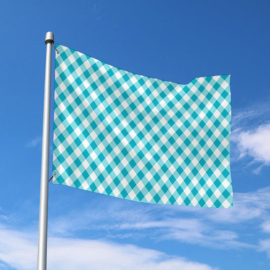 Teal And White Gingham Pattern Print Polyester Flag