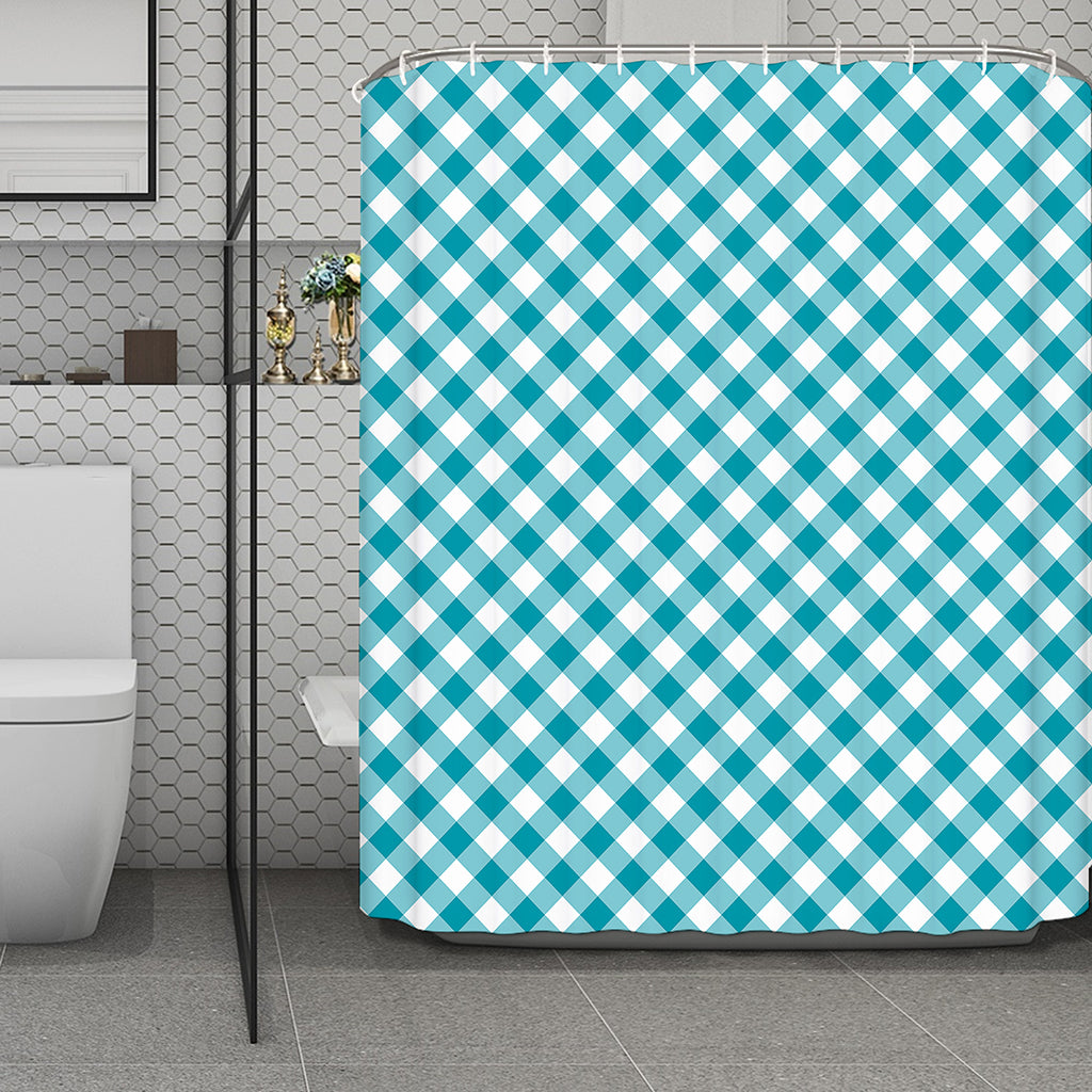 Teal And White Gingham Pattern Print Polyester Shower Curtain