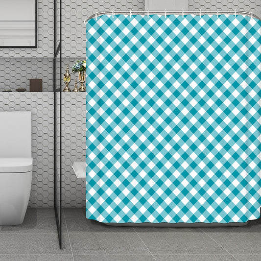 Teal And White Gingham Pattern Print Polyester Shower Curtain