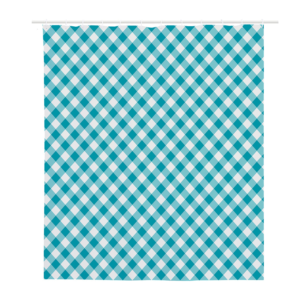 Teal And White Gingham Pattern Print Polyester Shower Curtain