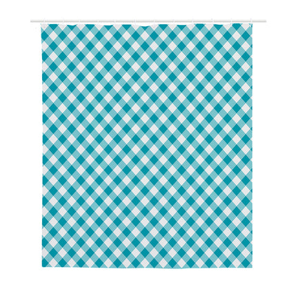 Teal And White Gingham Pattern Print Polyester Shower Curtain