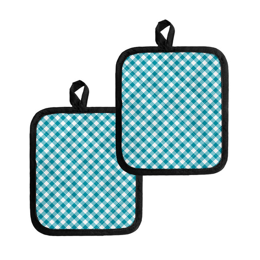 Teal And White Gingham Pattern Print Pot Holders