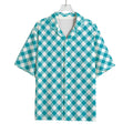 Teal And White Gingham Pattern Print Rayon Hawaiian Shirt