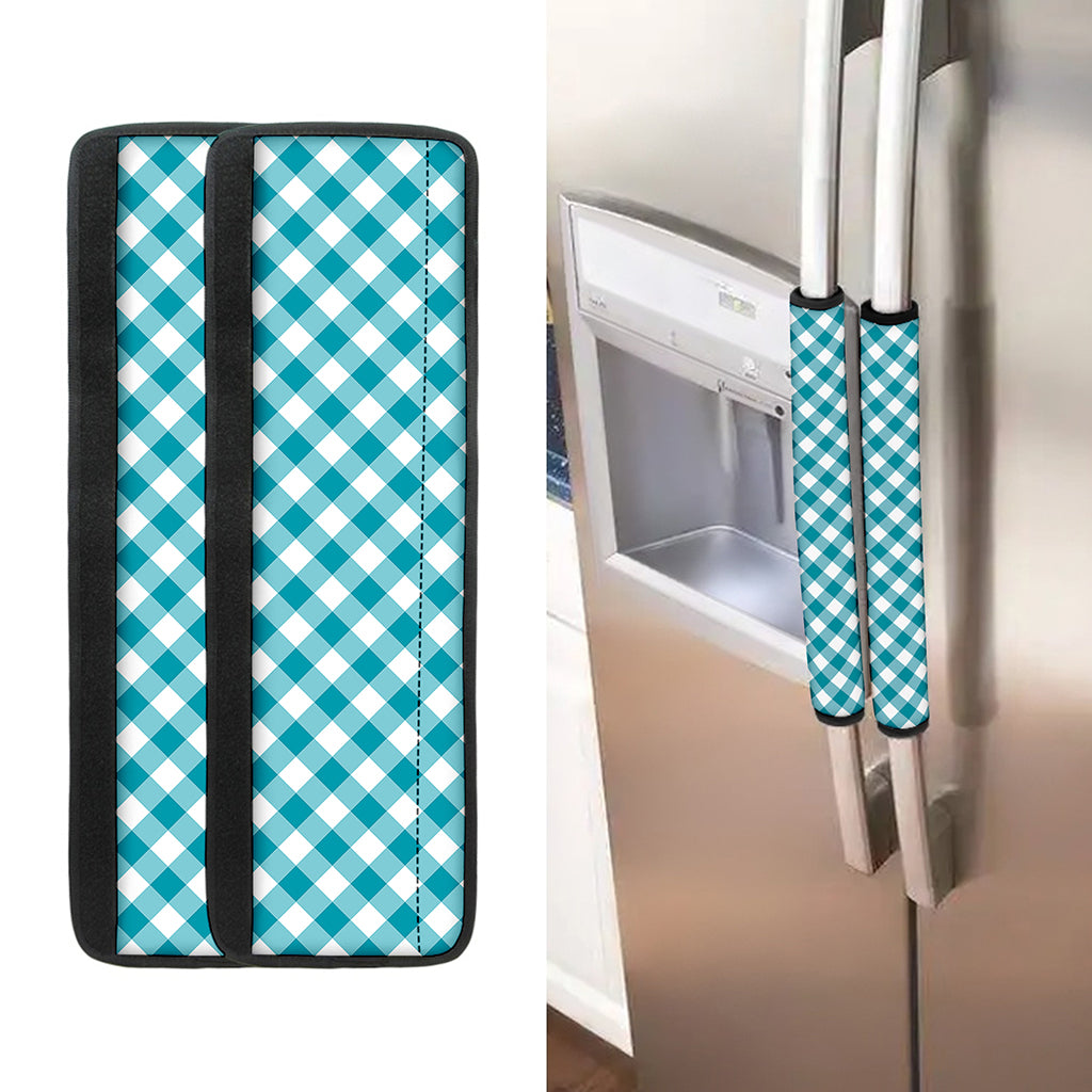 Teal And White Gingham Pattern Print Refrigerator Handle Covers