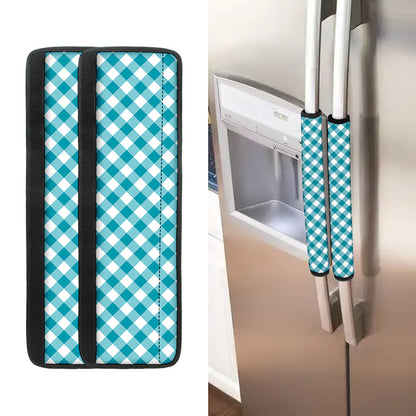 Teal And White Gingham Pattern Print Refrigerator Handle Covers