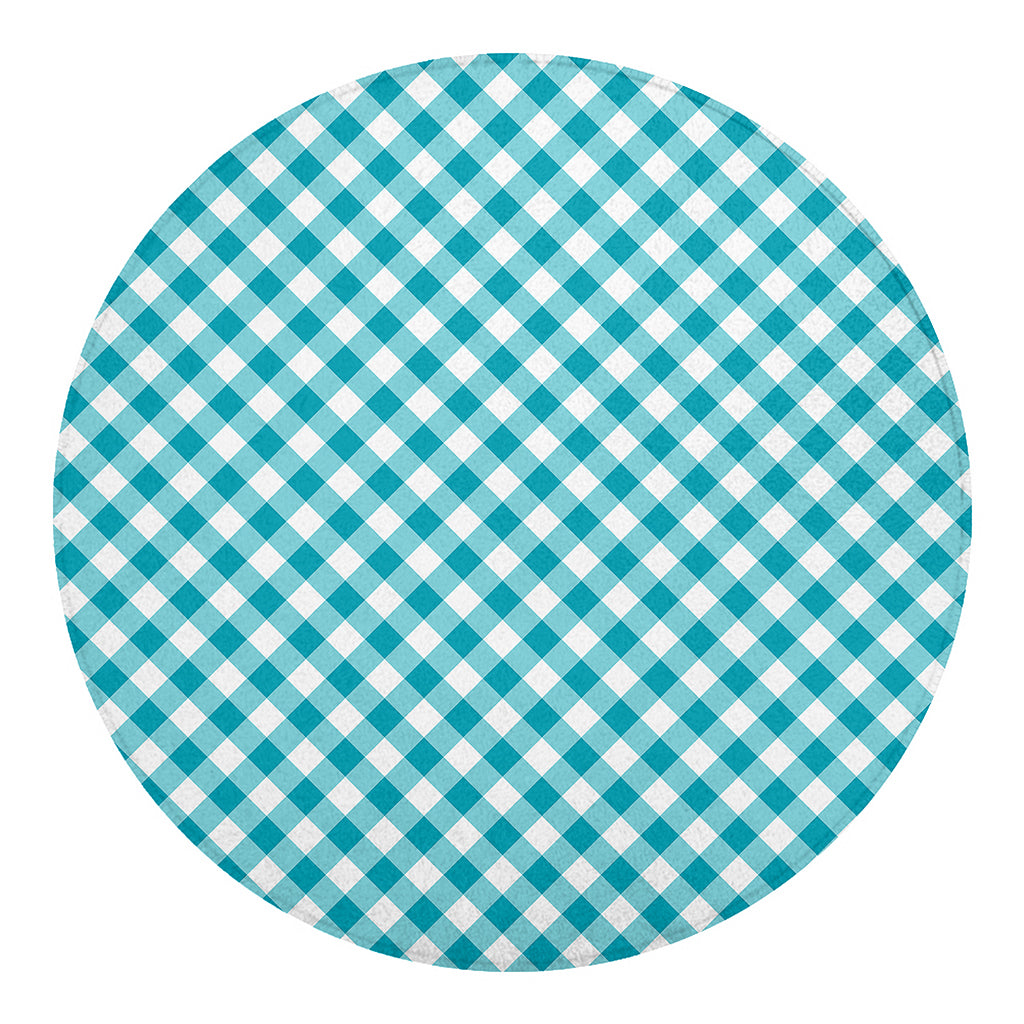 Teal And White Gingham Pattern Print Round Blanket