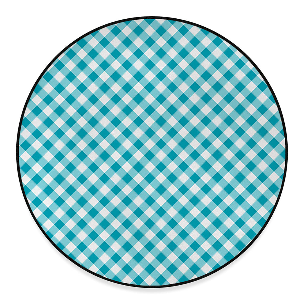 Teal And White Gingham Pattern Print Round Floor Mat