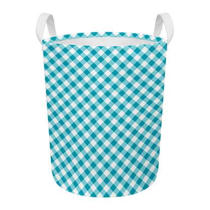 Teal And White Gingham Pattern Print Round Laundry Basket