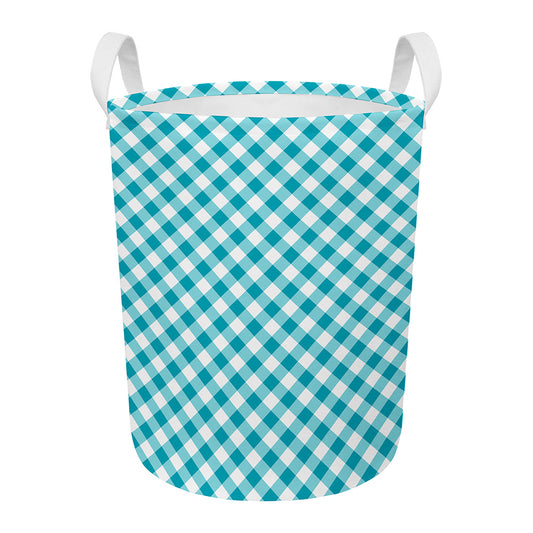 Teal And White Gingham Pattern Print Round Laundry Basket