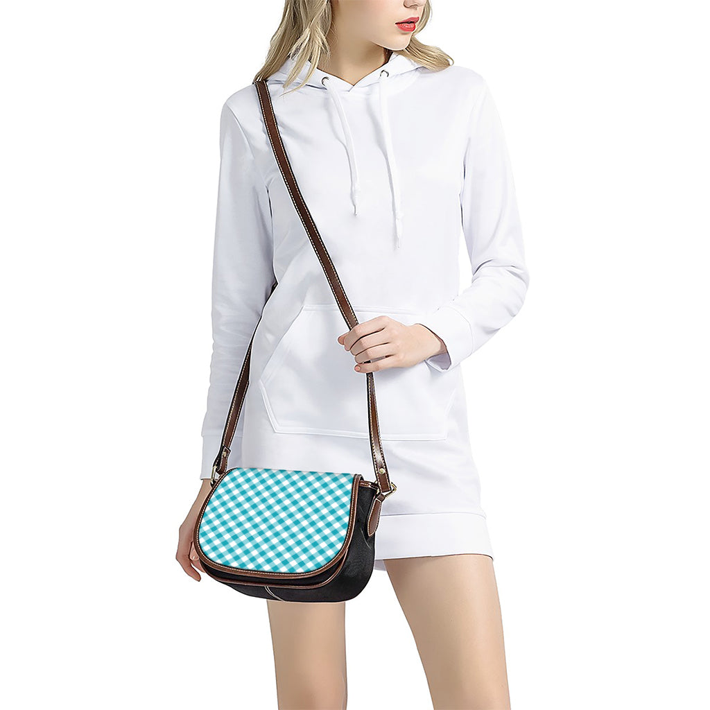Teal And White Gingham Pattern Print Saddle Bag