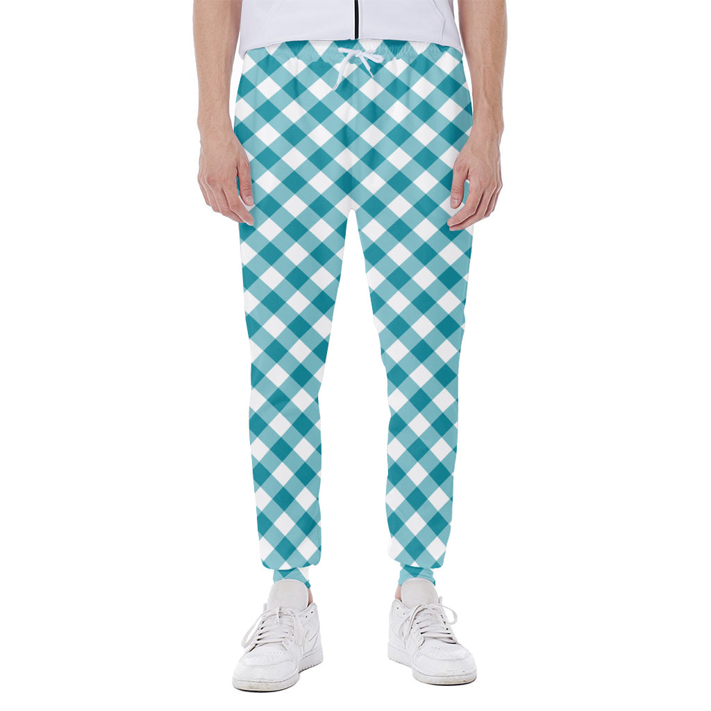 Teal And White Gingham Pattern Print Scuba Joggers