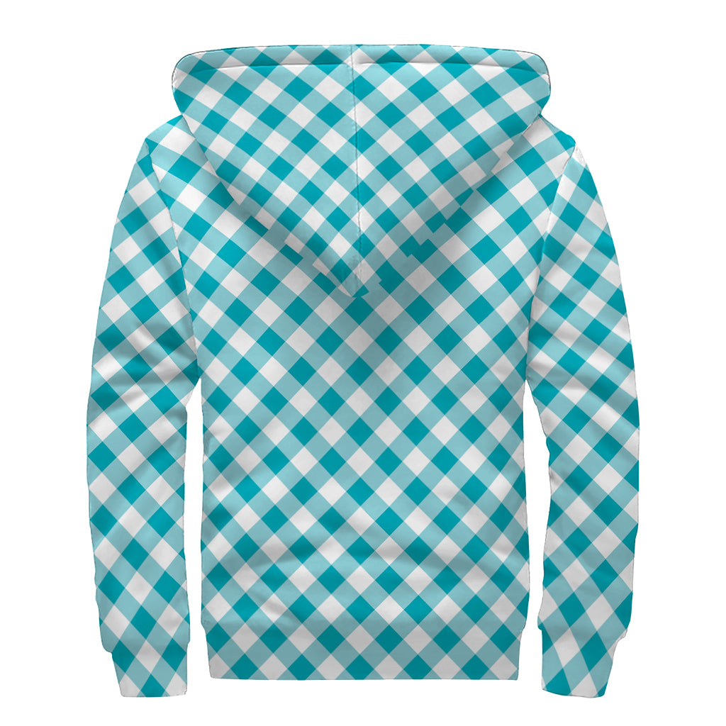 Teal And White Gingham Pattern Print Sherpa Lined Zip Up Hoodie