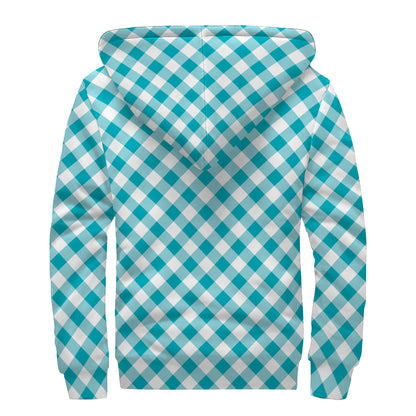Teal And White Gingham Pattern Print Sherpa Lined Zip Up Hoodie