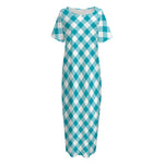 Teal And White Gingham Pattern Print Short Sleeve Long Nightdress