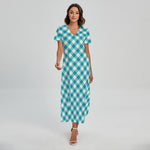 Teal And White Gingham Pattern Print Short Sleeve Maxi Dress