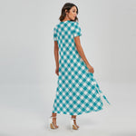 Teal And White Gingham Pattern Print Short Sleeve Maxi Dress