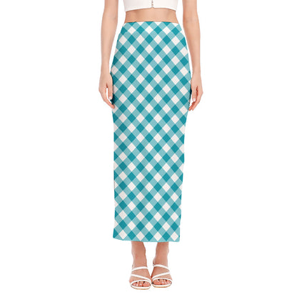 Teal And White Gingham Pattern Print Side Slit Maxi Skirt