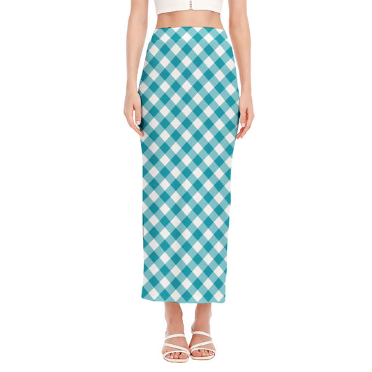 Teal And White Gingham Pattern Print Side Slit Maxi Skirt