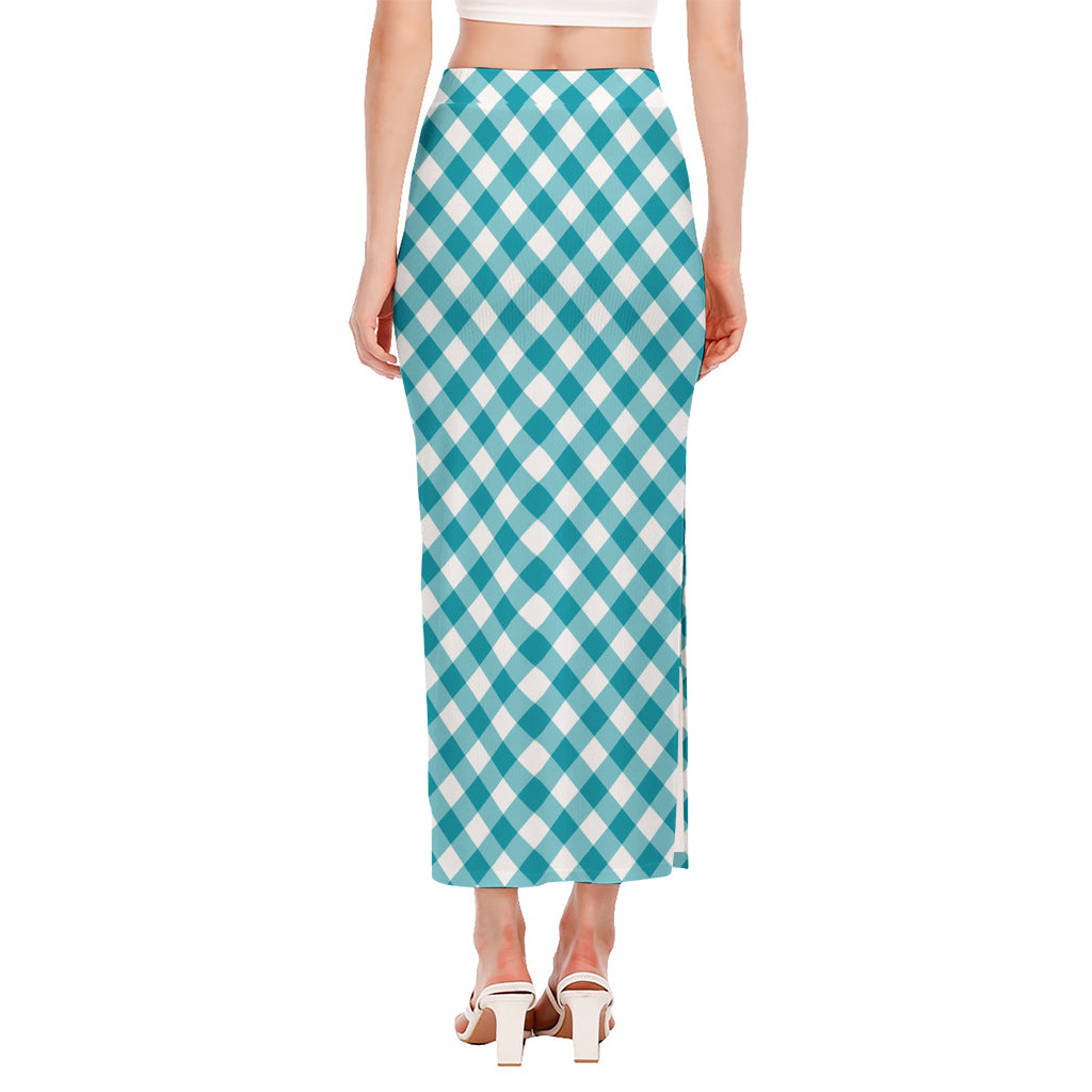 Teal And White Gingham Pattern Print Side Slit Maxi Skirt