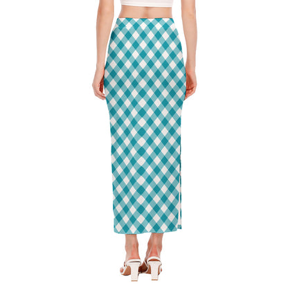 Teal And White Gingham Pattern Print Side Slit Maxi Skirt